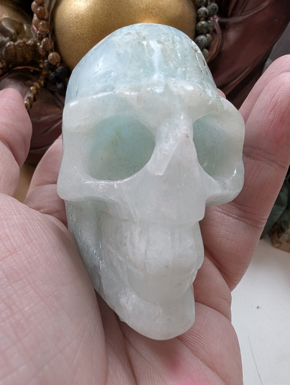 Hand-Carved Natural Blue Aragonite / Caribbean Calcite Skull (A)